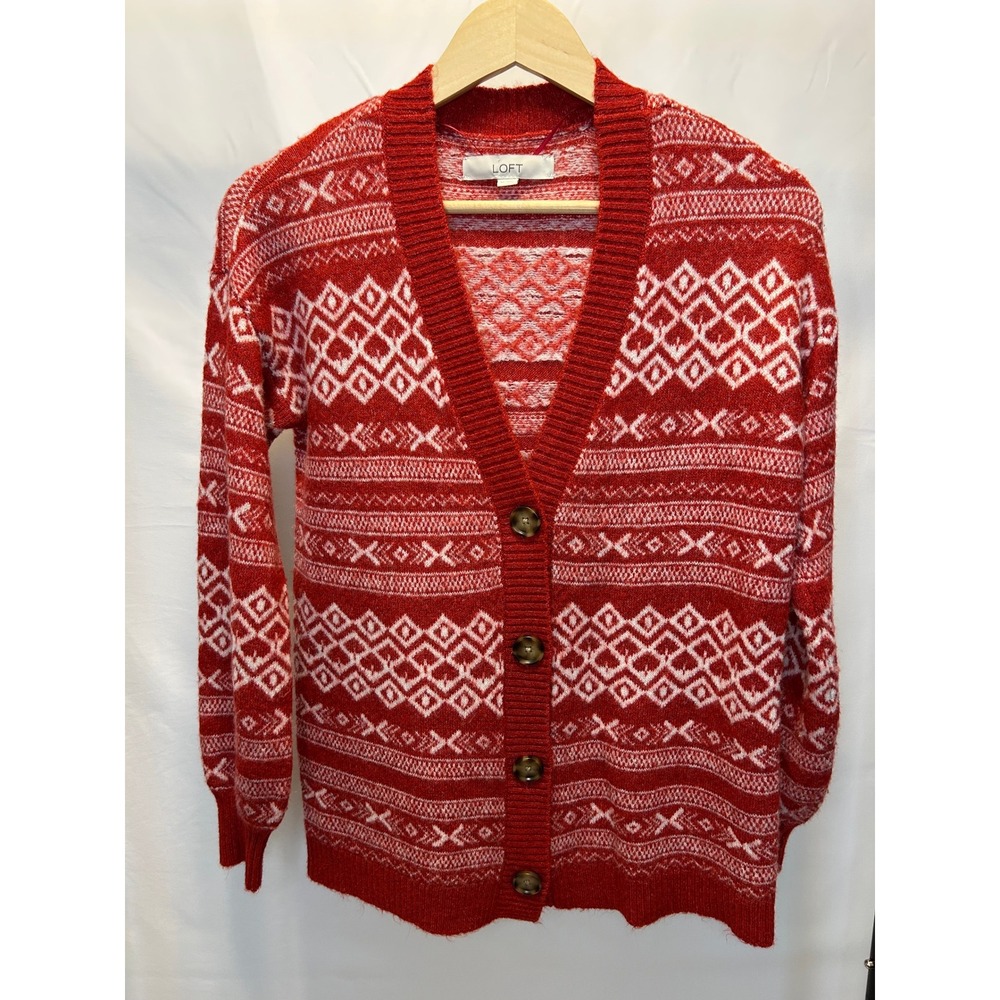 Loft Cardigan Women XS Red Excellent Fair Isle Knit Button Front Sweater